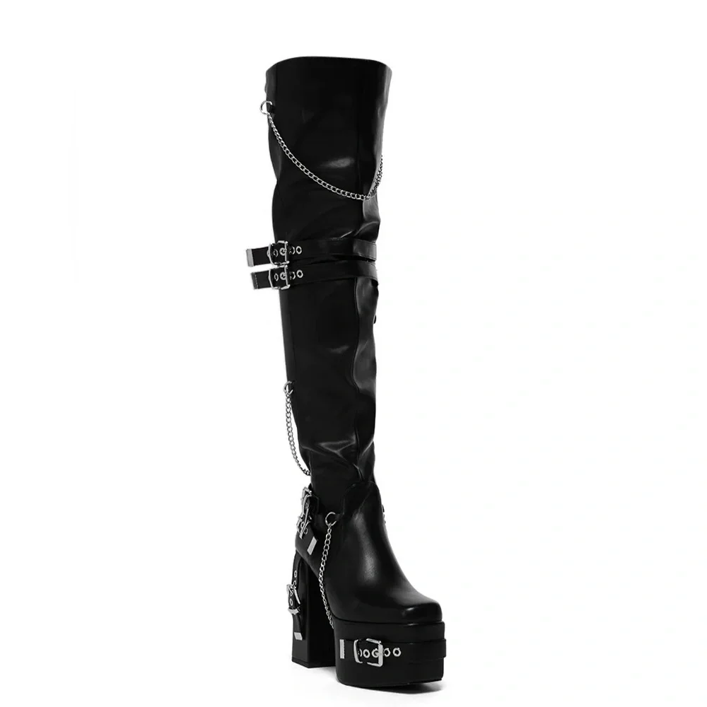 AZALEA WANG Black Leather Over the Knee Block Heel Boots
